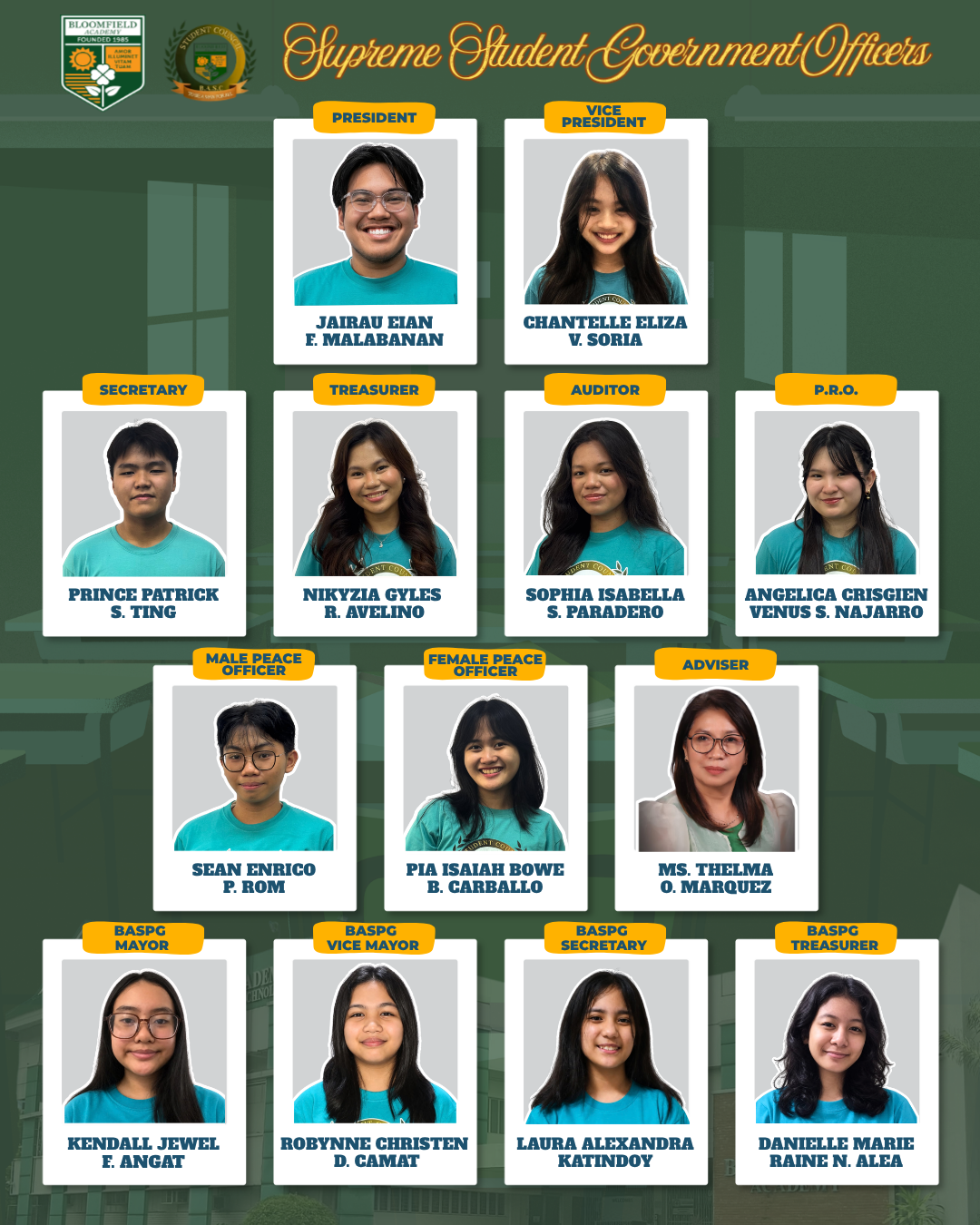 Bloomfield Academy Supreme Student Government (SSG) and Supreme Pupil Government (SPG) Officers for School Year 2026–2027